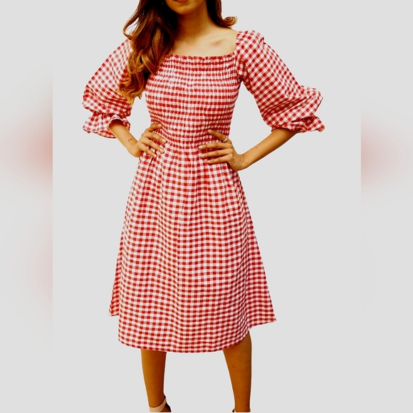 Gingham Smocked Bodice Midi Dress